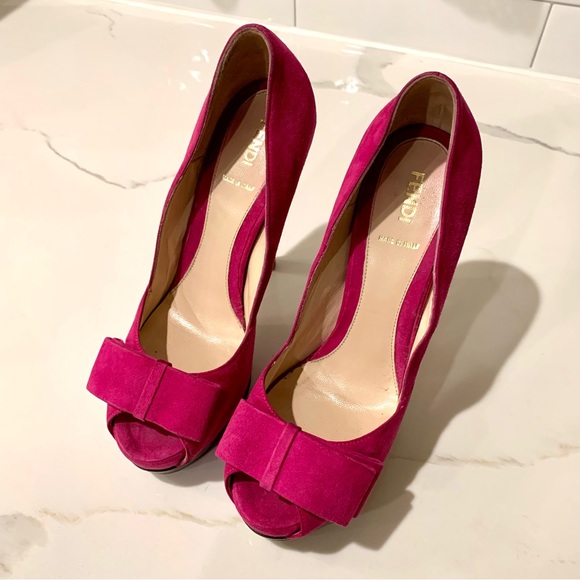 Fendi authentic fuchsia peep toe bow platform stacked heel pump 38 size 8 - Picture 5 of 15